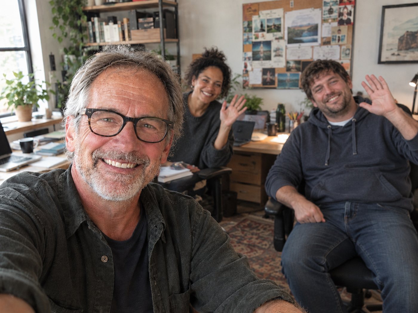 Jay, founder of Know + Tell, taking a selfie in the studio with two smiling, waving members of the team