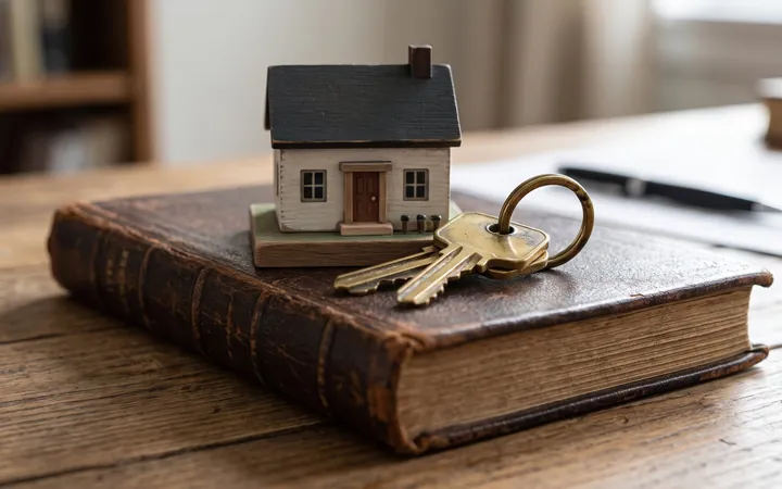 A small model house and keys on an old leather book