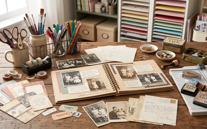 A scrapbook with vintage family photos and craft supplies