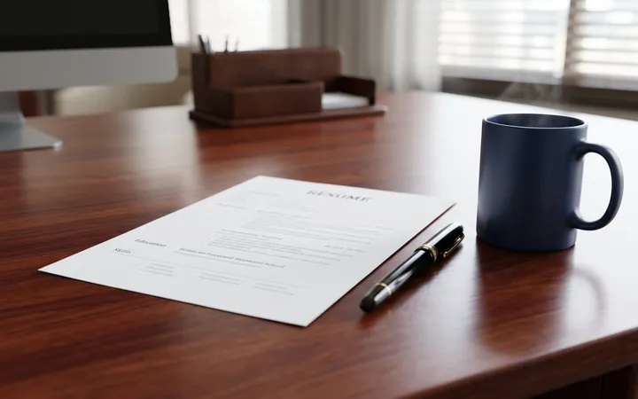 A resume and a fountain pen on a wooden desk