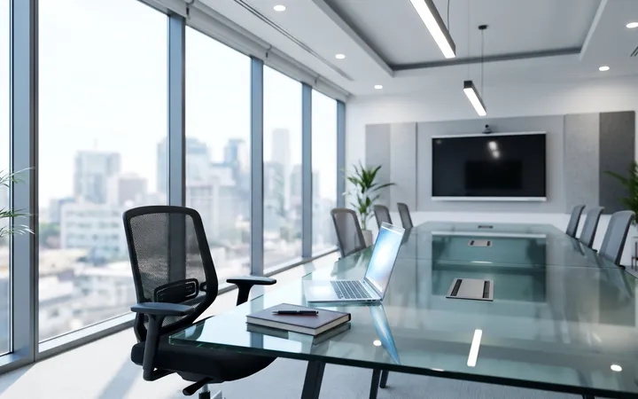 An empty glass conference room overlooking a city