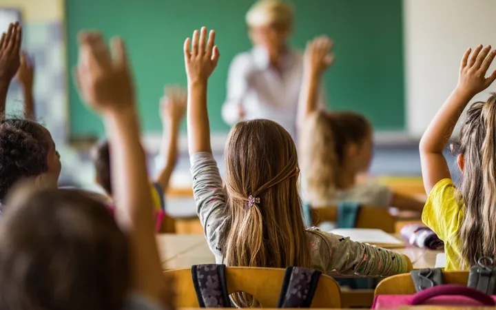 Students raising their hands in a classroom