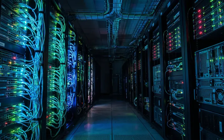 A server room lit with blue and green network cables