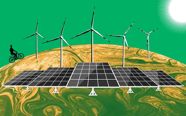 Wind turbines and solar panels on a stylized green planet