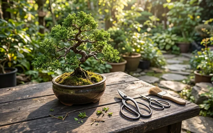 A small bonsai tree with pruning shears on a garden table