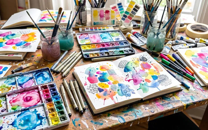 Watercolor paints, brushes and colorful sketchbooks on a table