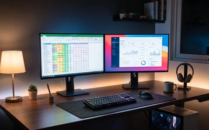 A home office desk with two monitors showing a spreadsheet and a dashboard