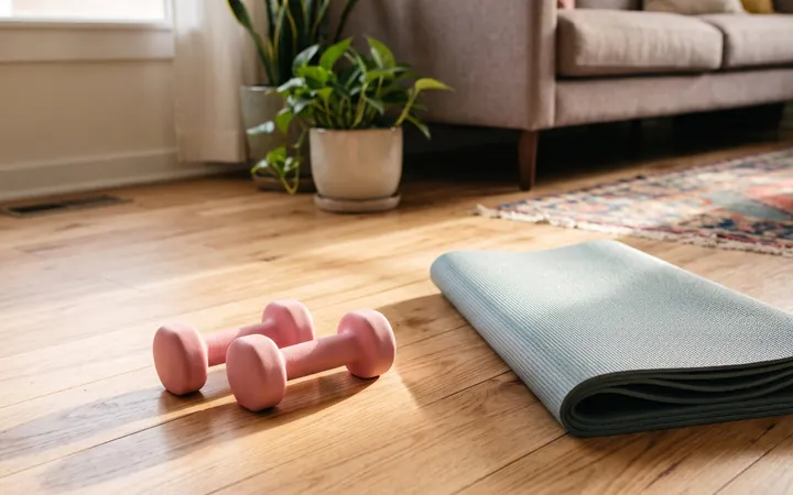 Pink hand weights and a yoga mat on a living-room floor