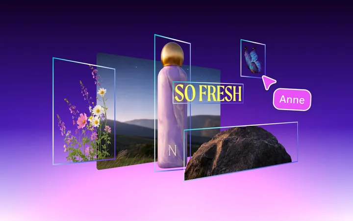 A colorful digital design layout with layered images and text