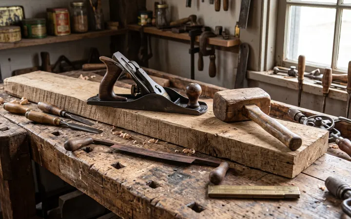 A vintage hand plane and mallet on an old workbench