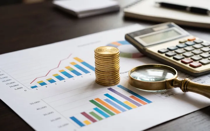 Gold coins, a calculator and financial charts on a desk