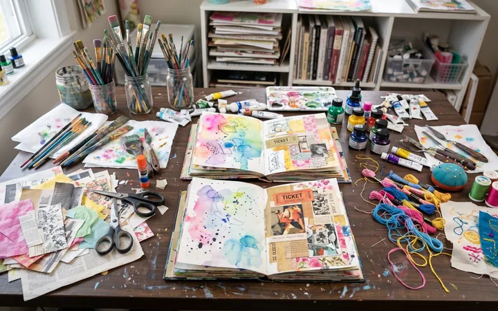Art journals, paint and embroidery thread on a craft table