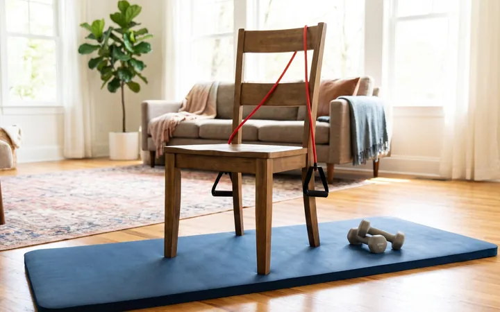 A chair with a resistance band and hand weights on an exercise mat