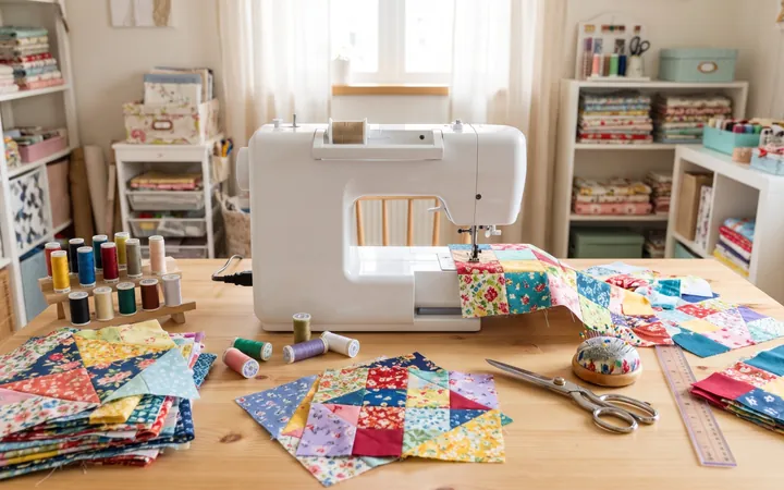 A sewing machine with patchwork quilt blocks and spools of thread