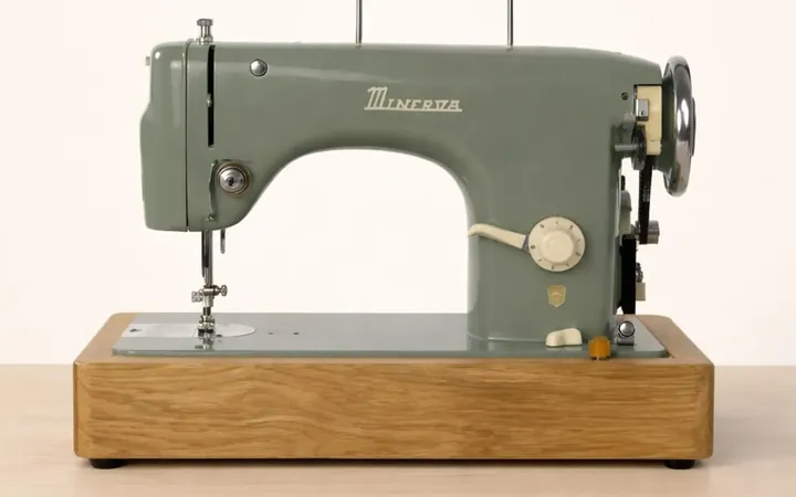 A vintage green sewing machine on a wooden base