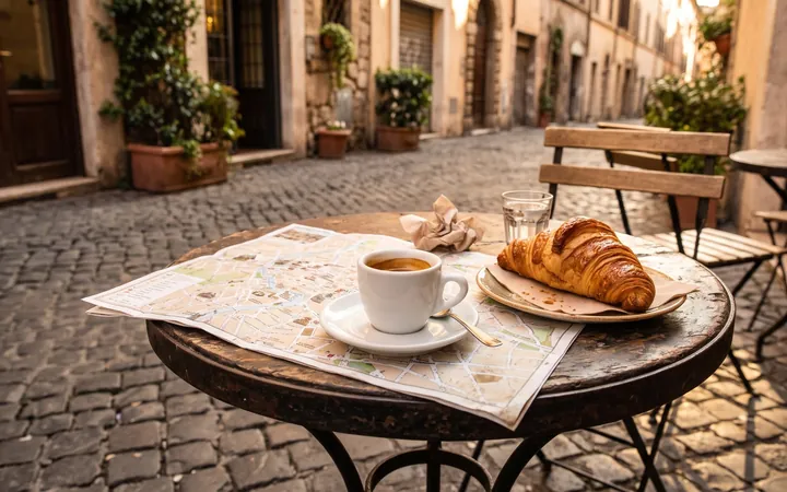An espresso, a croissant and a city map at a cafe table