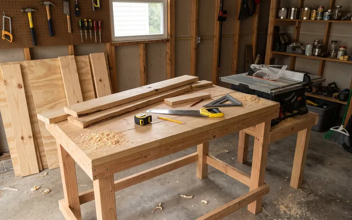 A garage workshop with a workbench, lumber and a table saw